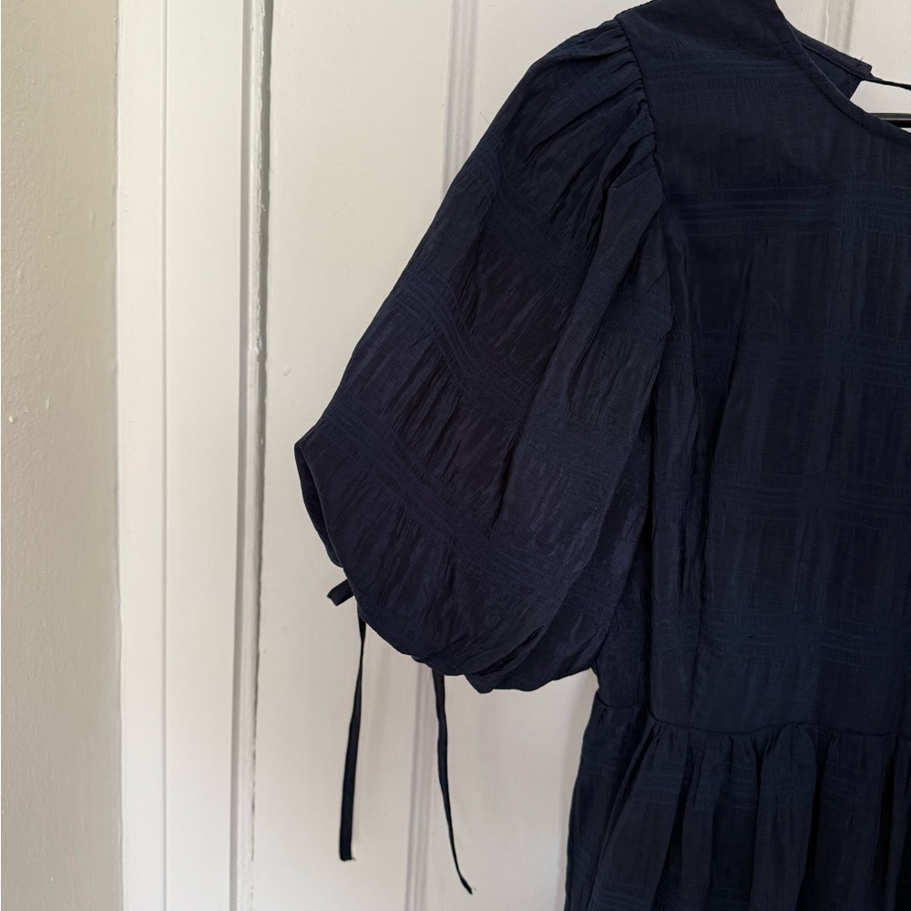 Moon River Puff Sleeve Navy Midi Christmas Holiday Dress With Stripe Texture M - Picture 3 of 7